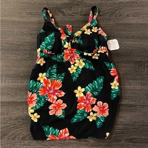 NEW! Isabel Maternity Floral Tankini Swim Top Black w/colored Hibiscus flowers.